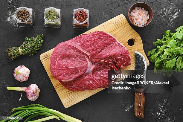 raw fresh beef top round roast with spice and herbs, top view - round roast beef stock pictures, royalty-free photos & images