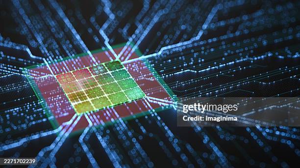 futuristic microchip with glowing data connections - quantum computing stock pictures, royalty-free photos & images