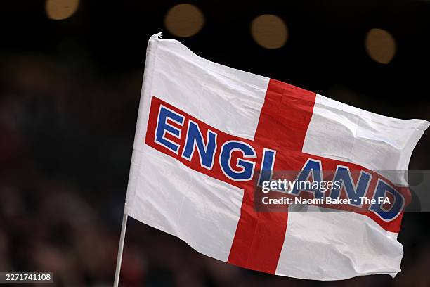England flag is flown during the 2027 FIFA Women's World Cup Qualifier between England and Spain at on April 14, 2026 in London, England.