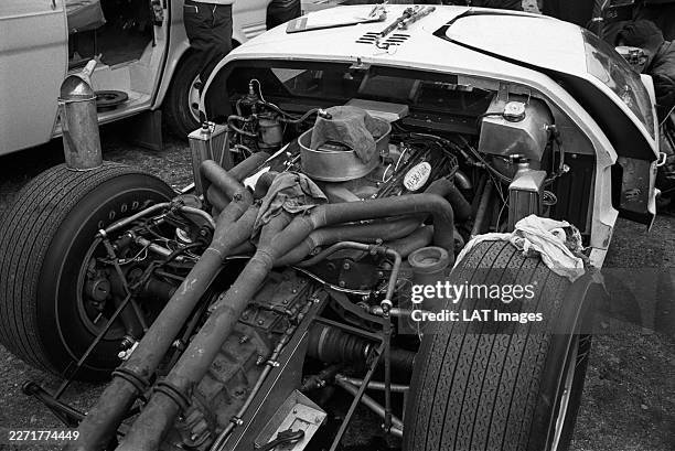 Ford Mark II with rear bodywork removed showing the engine, which has a label saying AX-316-1-20R Experimental, during the Le Mans Test on 2nd-3rd...