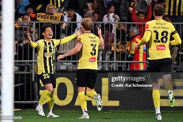 Kazuki Nagasawa of the Phoenix celebrates scoring a goal during the round 25 A-League Men match between Wellington Phoenix and Western Sydney...