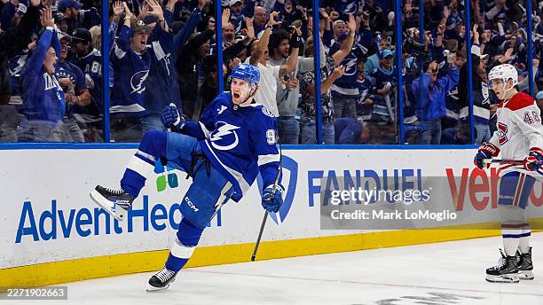 Moser of the Tampa Bay Lightning celebrates the game winning goal against the Montreal Canadiens in Game Two of the First Round of the 2026 Stanley...