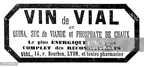 nineteenth-century medicinal advertisement for vin de vial restorative tonic - pharma manufacturing stock illustrations