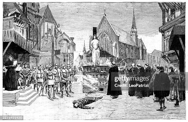 theaterillustration von jeanne d'arc auf dem scheiterhaufen an der place du vieux-marché aus dem neunzehnten jahrhundert - feuerbestattung stock-grafiken, -clipart, -cartoons und -symbole