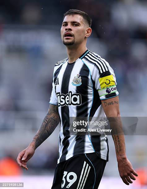 Bruno Guimaraes of Newcastle United looks on after the Premier League match between Newcastle United and Bournemouth at St James' Park on April 18,...