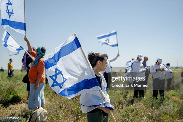 Right-wing Nachala movement settlers march near the Gaza border, advocating for the resettlement of the Gaza Strip, near Kibbutz Nir Am as Israelis...
