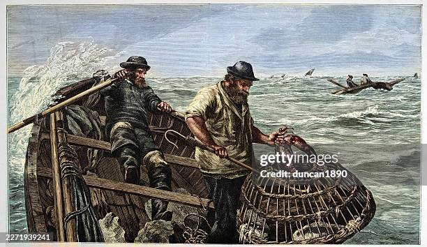 history fishing, crabbers, fishermen in small boats haulingin crab traps, after painting by james clarke hook, victorian art history, 19th century vintage illustration - crab fishing boat stock illustrations