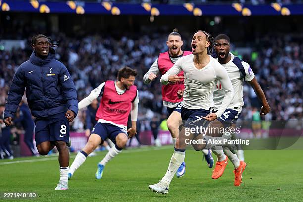 Xavi Simons of Tottenham Hotspur celebrates scoring his team's second goal during the Premier League match between Tottenham Hotspur and Brighton &...