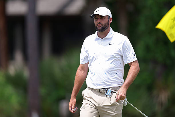 Scottie Scheffler of the United States looks on from the third green during the third round of the RBC Heritage 2026 at Harbour Town Golf Links on...