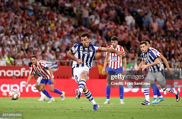 Mikel Oyarzabal of Real Sociedad scores his team's second goal from the penalty spot during the Copa Del Rey Final match between Real Sociedad and...