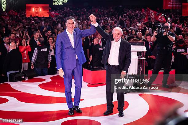 Prime Minister of Spain Pedro Sanchez and President of Brazil Lula da Silva attend the Global Progressive Mobilisation at Fira Barcelona on April 18,...