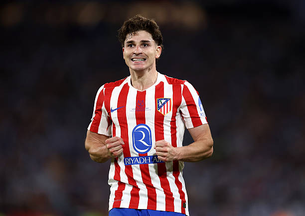 Julian Alvarez of Atletico de Madrid celebrates scoring his team's second goal during the Copa Del Rey Final match between Real Sociedad and Atletico...