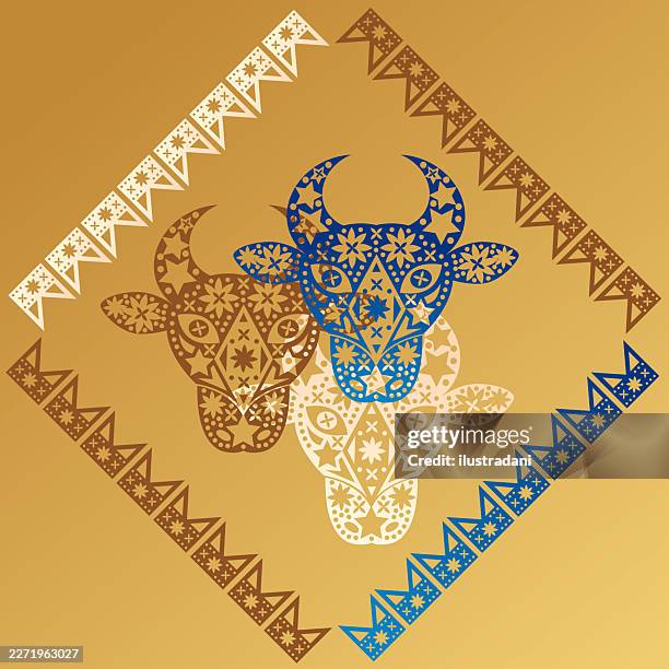 beautiful bumba meu boi on gold background in elegant risograph style - cow cuts stock illustrations