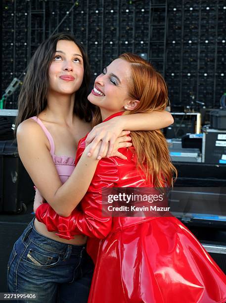 Olivia Rodrigo and Addison Rae pose backstage at the Coachella Stage during the 2026 Coachella Valley Music and Arts Festival at Empire Polo Club on...