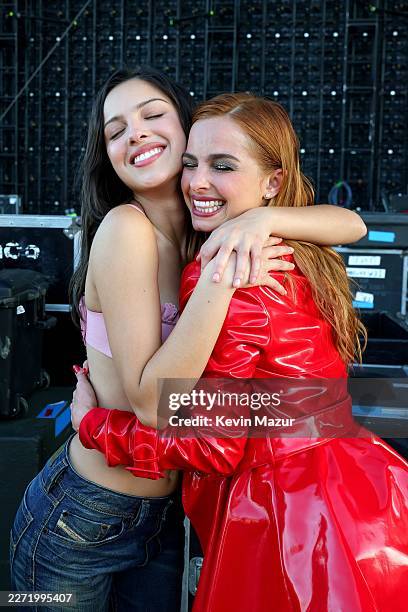 Olivia Rodrigo and Addison Rae pose backstage at the Coachella Stage during the 2026 Coachella Valley Music and Arts Festival at Empire Polo Club on...
