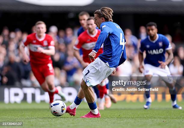 Jack Clarke of Ipswich Town scores his team's second goal from the penalty spot during the Sky Bet Championship match between Ipswich Town and...