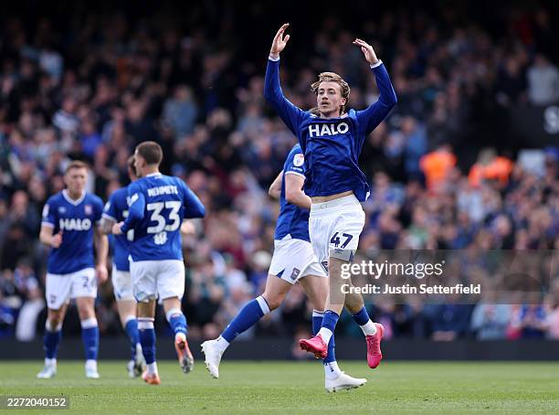 Jack Clarke of Ipswich Town celebrates scoring his team's second goal during the Sky Bet Championship match between Ipswich Town and Middlesbrough at...