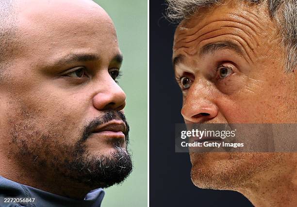 In this composite image a comparison has been made between Vincent Kompany, Head Coach of FC Bayern Munich and Luis Enrique, Head Coach of Paris...