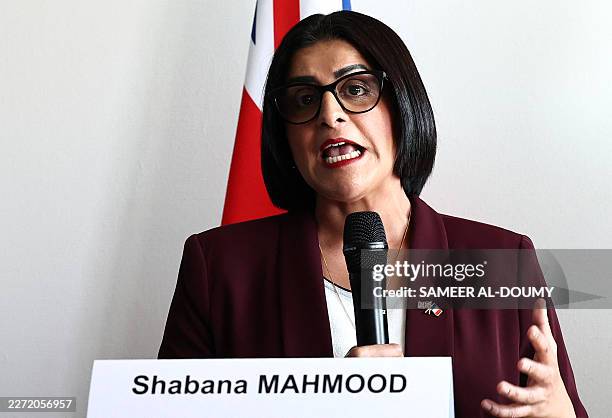 British Home Secretary Shabana Mahmood delivers a speech prior to renew the Sandhurst treaty at the Border Police office of Loon-Plage, near Dunkirk,...