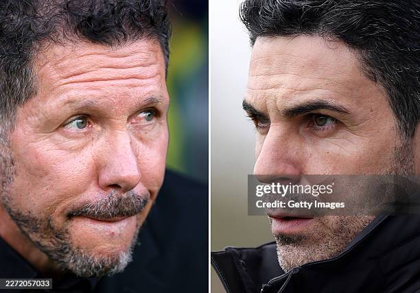 In this composite image a comparison has been made between Diego Simeone, Head Coach of Atletico de Madrid and Mikel Arteta, Manager of Arsenal....