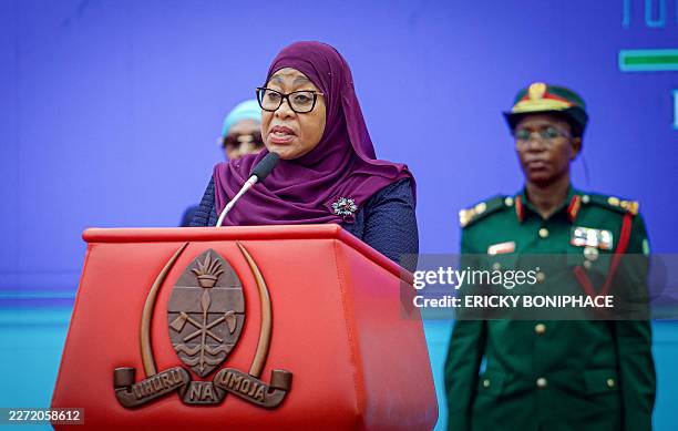 Tanzania's President Samia Suluhu Hassan delivers remarks following the presentation of findings from a Commission of Inquiry organised by the...