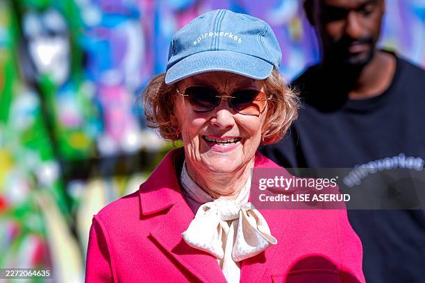 Queen Sonja of Norway is pictured during a meeting with young design talents organised by non-profit organization Spireverket at Sofienberg Church in...