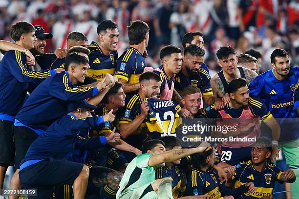 Marcelo Weigandt of Boca Juniors and teammates celebrate after winning the Torneo Apertura 2026 Superclásico match between River Plate and Boca...