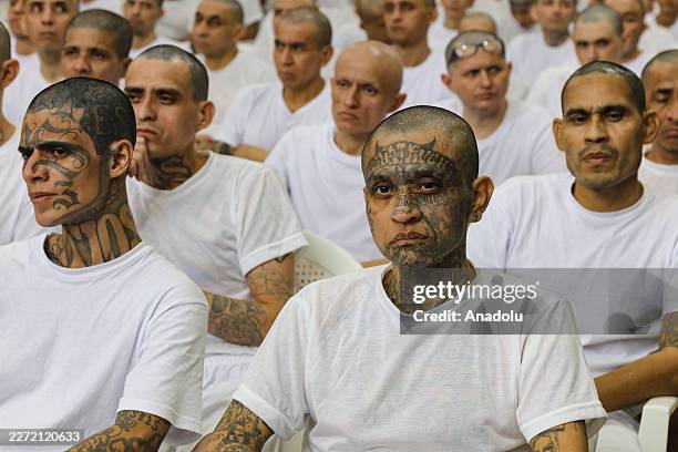 Gang members listening to virtual hearing during a massive court hearing for gang members of the 'Mara Salvatrucha' , held at the Terrorism...