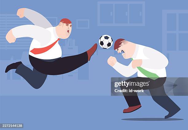 two businessmen playing soccer in office - two men fighting stock illustrations