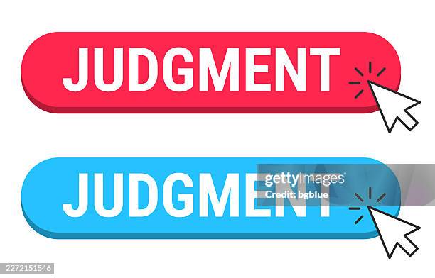 judgment - red and blue buttons with cursor on white background - apocalypse stock illustrations