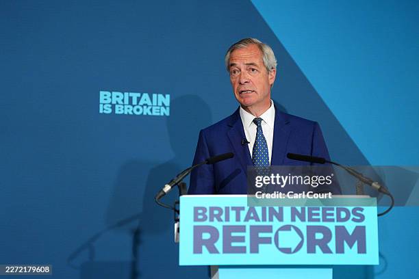 Reform UK Leader Nigel Farage speaks during a press conference on migration policy on April 20, 2026 in the Westminster area of London, England.
