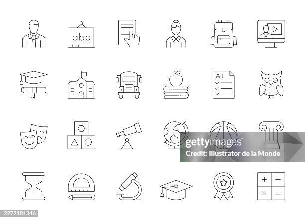 ilustraciones, imágenes clip art, dibujos animados e iconos de stock de iconos de líneas delgadas de educación - calificación académica
