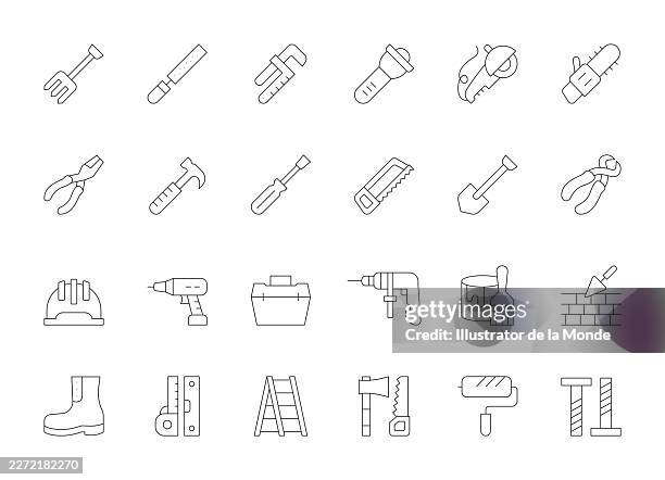 hardware store thin line icons - using circular saw stock illustrations