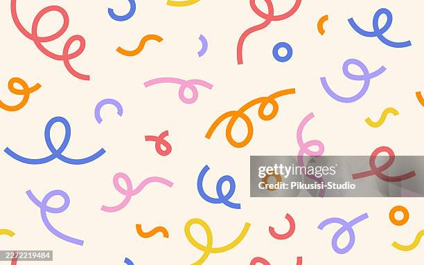 seamless pattern with colorful streamers and confetti on cream background. - star pattern stock illustrations
