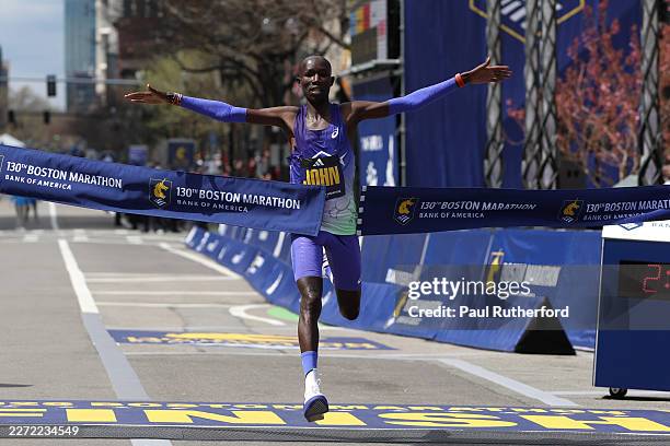 John Korir of Kenya crosses the finish line to win the men's division of the 130th Boston Marathon on April 20, 2026 in Boston, Massachusetts.