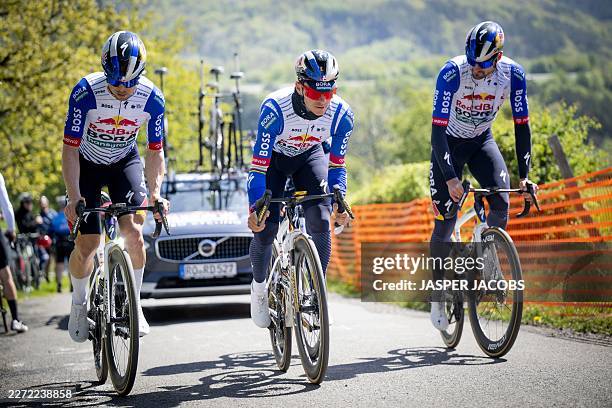 Red Bull-BORA-Hansgrohe's Belgian rider Remco Evenepoel cycles during a track reconnaissance session, ahead of the Liege-Bastogne-Liege one day...