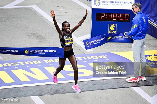 Sharon Lokedi of Kenya crosses the finish line to place first in the women's division during the 130th Boston Marathon on April 20, 2026 in Boston,...