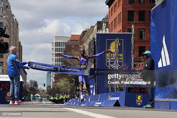 John Korir of Kenya crosses the finish line to win the Men's division of the 130th Boston Marathon in 2:01:52 on April 20, 2026 in Boston,...