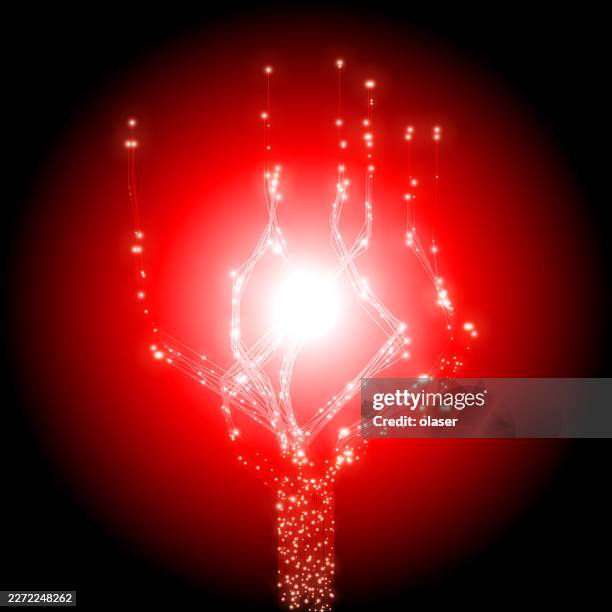 bright white light radiates from the center of a red glowing digital tree shape on a black background, with sparkling vertical strands and scattered light points. - art installation stock illustrations