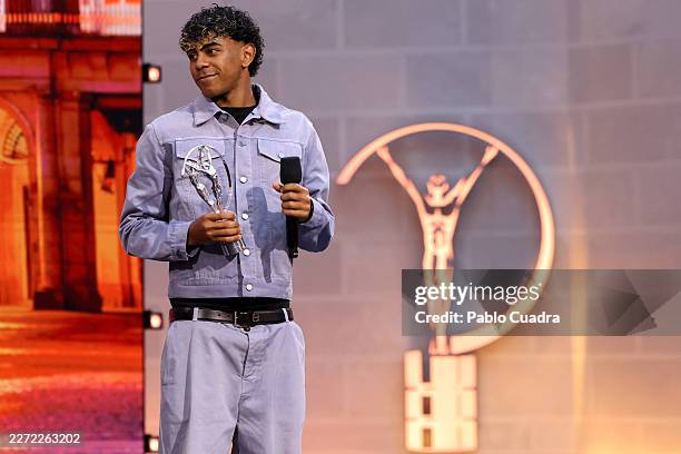 Barcelona Player, Lamine Yamal accepts the Laureus World Young Sportsperson of the Year Award during the Laureus World Sports Awards Madrid 2026 on...