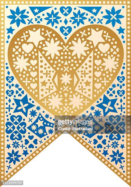 gold heart flag cutout light background - festa junina stock illustrations