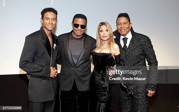 Jaafar Jackson, Jackie Jackson, La Toya Jackson and Jermaine Jackson are seen onstage during Lionsgate's "Michael" Los Angeles premiere at Dolby...