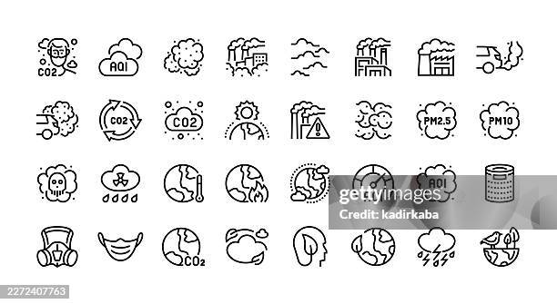 air pollution line icon set. group of object. climate change, air quality, smog, carbon, toxic gas, global warming. - wind damage stock illustrations