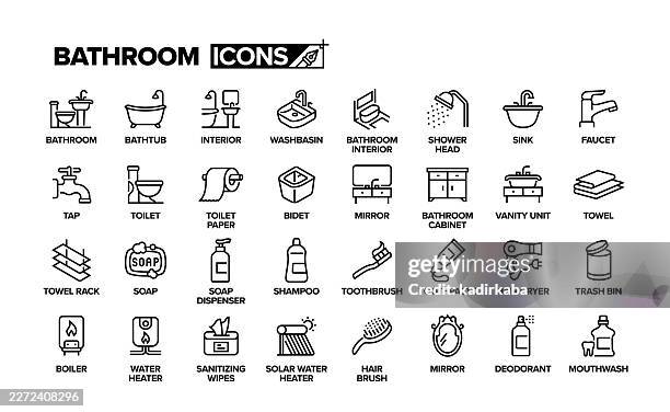 bathroom line icon set. group of object. washbasin, shower, sink, faucet, toilet. - tapping stock illustrations