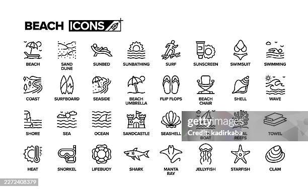 beach line icon set. group of object. sunbed, sunbathing, surf, swimming, seaside. - buoy stock illustrations