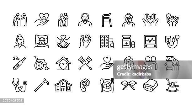ilustrações de stock, clip art, desenhos animados e ícones de caregiver line icon set. group of object. elderly, senior care, home nursing, support. - lar de idosos