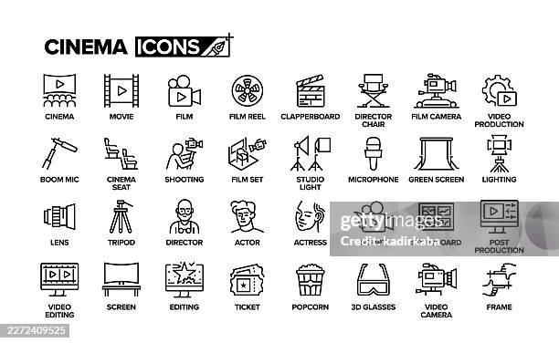 ilustraciones, imágenes clip art, dibujos animados e iconos de stock de set de iconos de la línea de cine. grupo de objetos. película, película, carrete de película, claqueta, decorado de rodaje. actor, actriz, director. - equipo de montaje