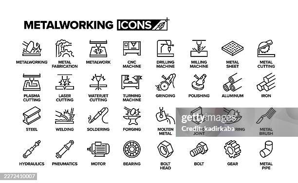illustrations, cliparts, dessins animés et icônes de ensemble d’icônes de ligne de travail des métallurgiques. groupe d’objets. acier, fer, aluminium, soudure, forge, fabrication, industrie. - lustrer