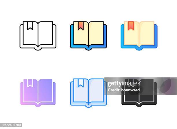 open book with bookmark icon. 6 different styles. editable stroke. - elementary school library stock illustrations