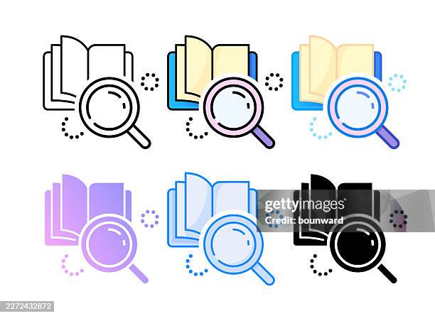 book with magnifying glass icon. 6 different styles. editable stroke - open book flat stock illustrations